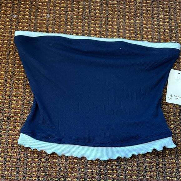 gaze Tops - Gaze Navy Blue Ribbed Tube Top with light blue ruffled Trim Size M NWT